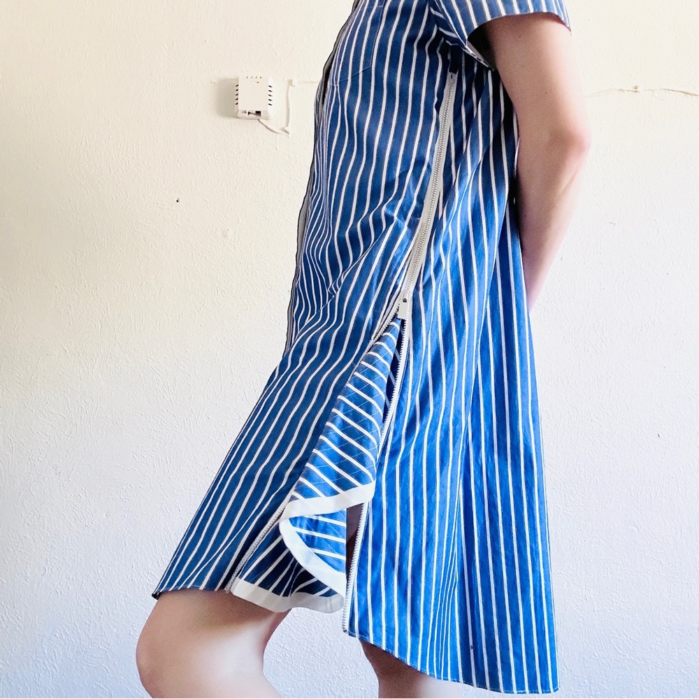 SACAI Blue Cotton Poplin Stripe Parachute Short Sleeve Collared Shirt Dress - Picture 3 of 11